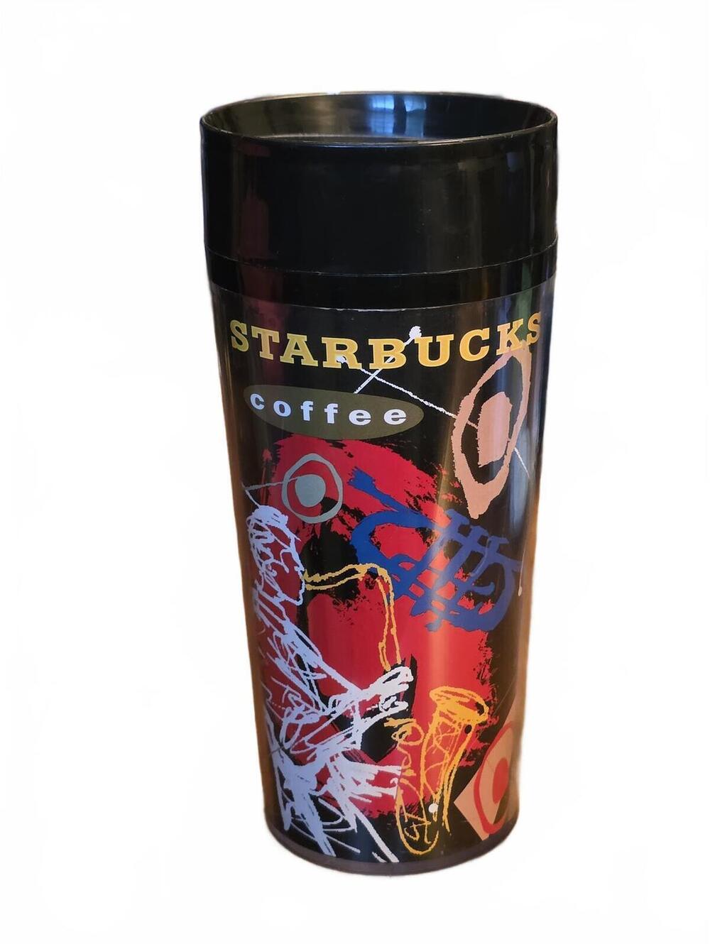 Vintage 1990s Starbucks Coffee Abstract Jazz Musician Plastic Travel Mug Tumbler